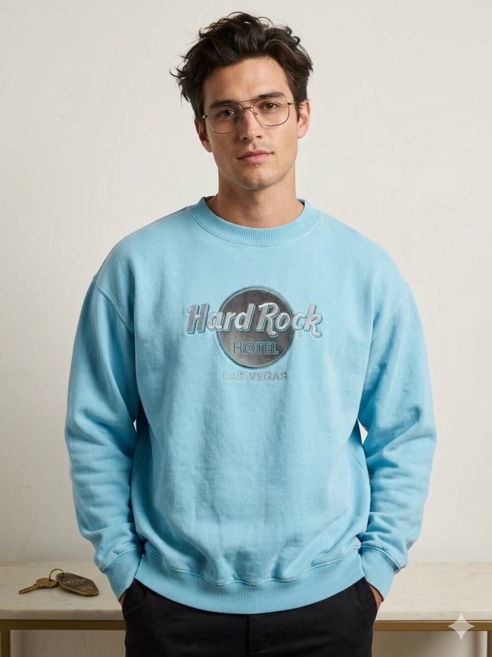 Vintage Hard Rock Hotel Las Vegas Crewneck Sweatshirt Light Blue Large Y2K